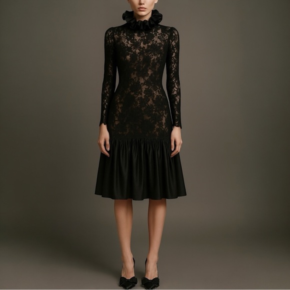 VINTAGE 70s VICTOR COSTA Couture Pleated Ruffle and Lace Midi Dress - Picture 1 of 14